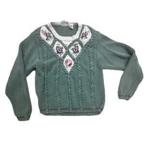 Vintage RUSS Crochet Sweater Womens Medium Round Neck Long Sleeve Knit Granny